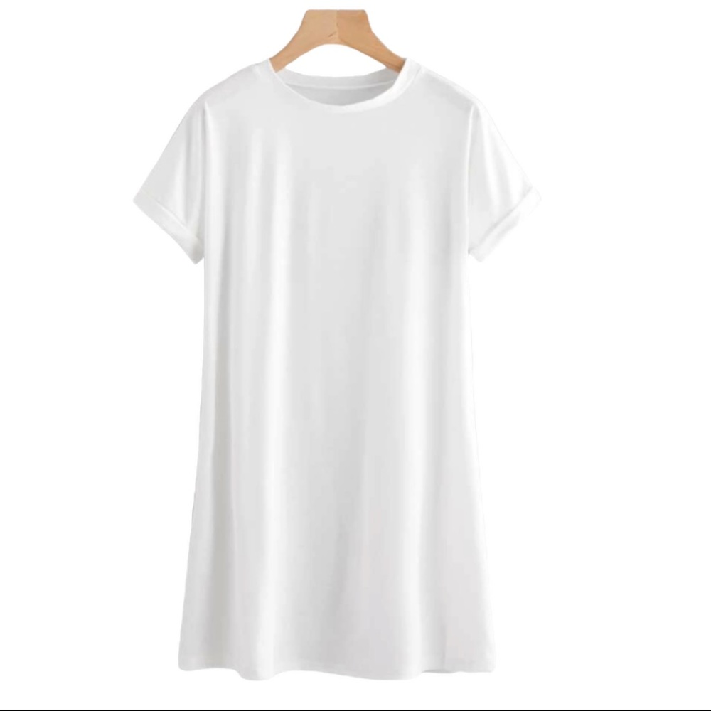 White tee shirt dress t-shirt rolled sleeve - Picture 2 of 4